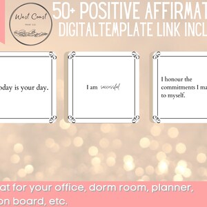 May include: Three printable affirmation cards with black borders and white backgrounds. The text on the cards reads: "Today is your day." "I am successful." "I honour the commitments I make to myself."