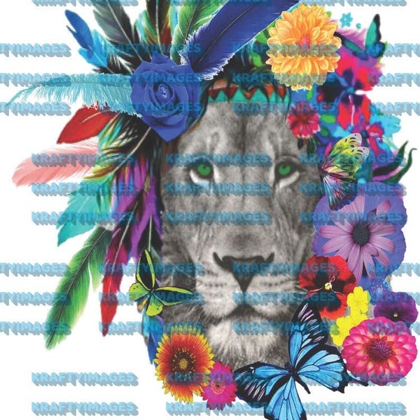 Lion / aquarelle / fleurs / plumes / amérindien / coiffe / robe de tête / coloré / PNG / noir / gris / gobelets / chemise / papillons / sauvage / animal / jungle /