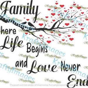 Família onde a vida começa e o amor nunca acaba/galhos/árvore/corações/amor/pássaros/juntos/png/eps/svg/dxf/arquivo de corte/clip art/sublimação