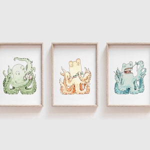 Watercolor Octopus in Bathroom Set of 3 Art Prints | Octopus Art Printable | Brushing Teeth | Flossing Teeth | Bathing | Kids Bathroom Art