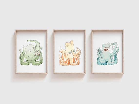 Watercolor Octopus in Bathroom Set of 3 Art Prints | Octopus Art Printable | Brushing Teeth | Flossing Teeth | Bathing | Kids Bathroom Art