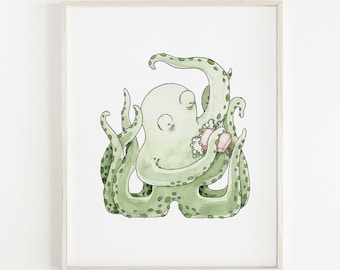 Octopus Bathing Art Print | Kids Bathroom Printable Art | Washing Up Wall Art | Watercolor Nursery Art Print | Sea Animal Illustration