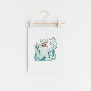 May include: A light blue octopus with a toothy grin uses a piece of string to floss its teeth.