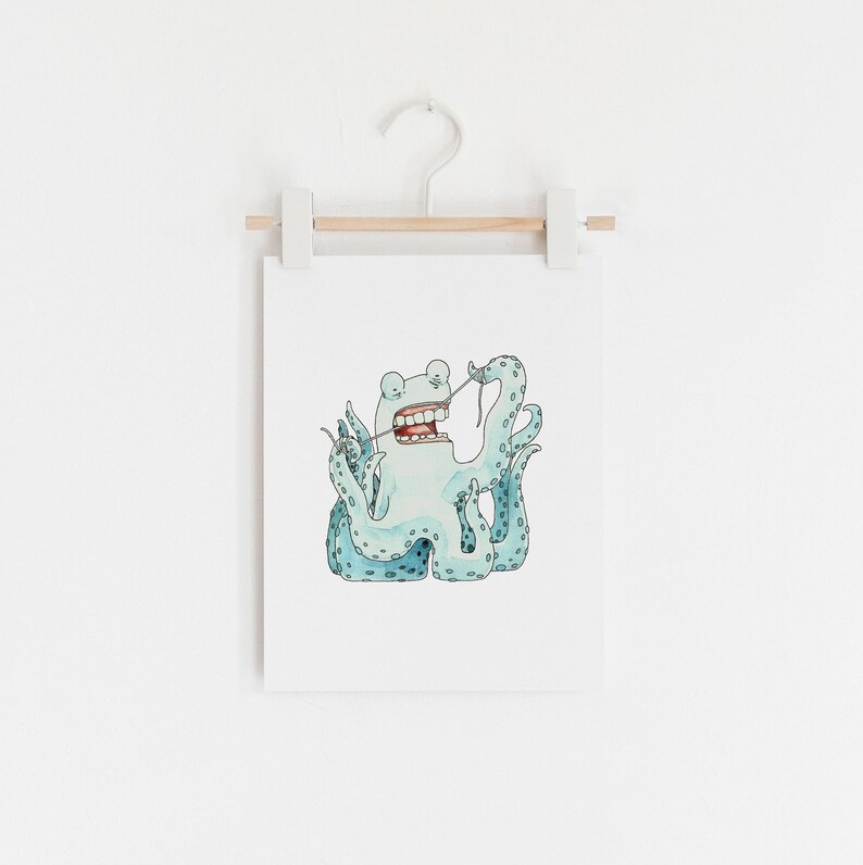 May include: A light blue octopus with a toothy grin uses a piece of string to floss its teeth.