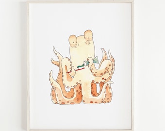 Octopus Brushing Teeth Print | Kids Bathroom Printable Art | Brush Teeth Wall Art | Watercolor Nursery Art Print | Sea Animal Illustration