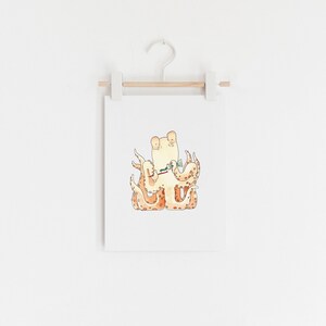May include: A watercolor illustration of an orange and white octopus holding a green fish in its tentacles. The octopus is sitting on a white background.