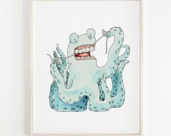 Octopus Flossing Teeth Print | Kids Bathroom Printable Art | Floss Teeth Wall Art | Watercolor Nursery Art Print | Sea Animal Illustration