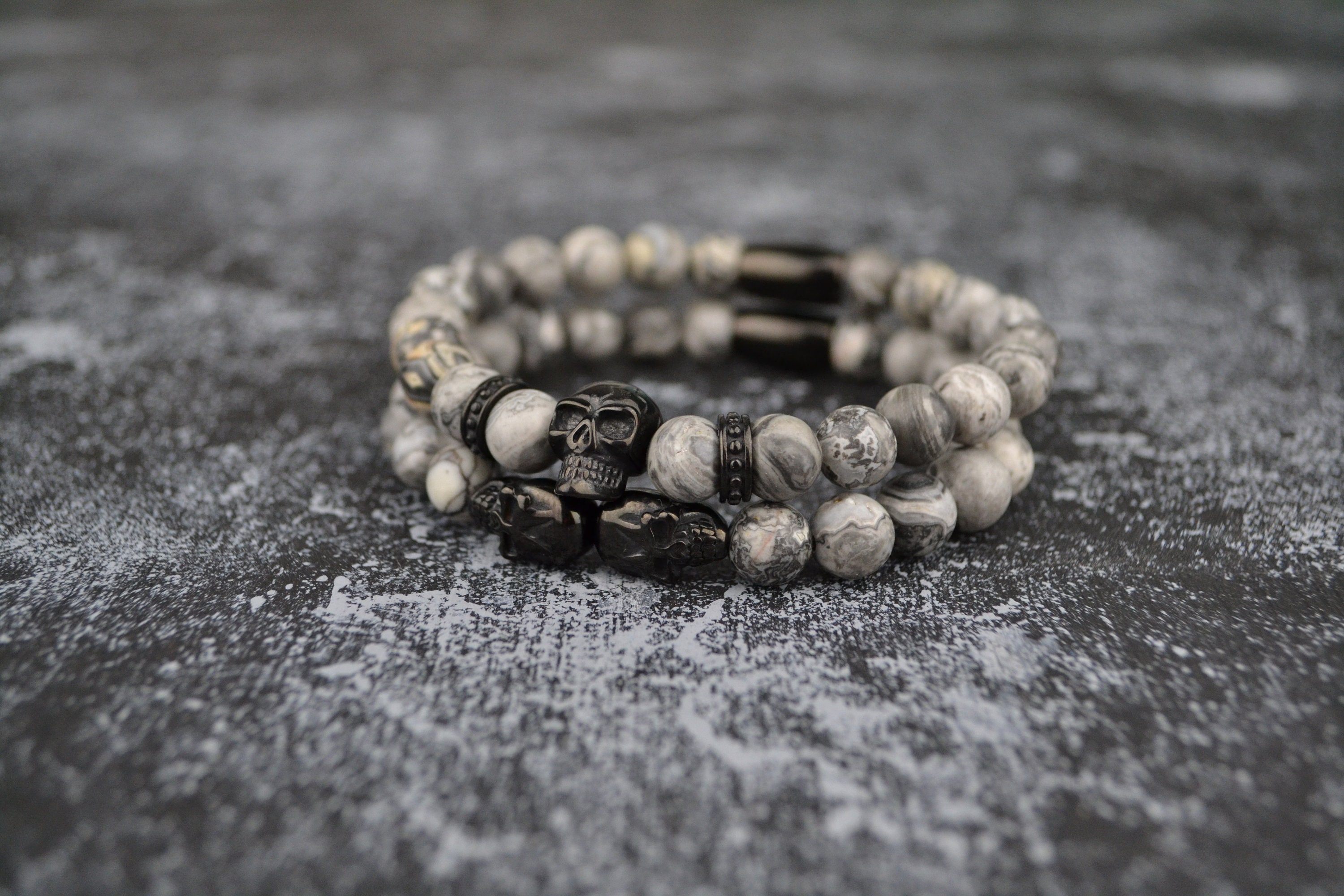 Mens Beaded Black Skull Bracelet Stack Natural Grey Jasper Etsy