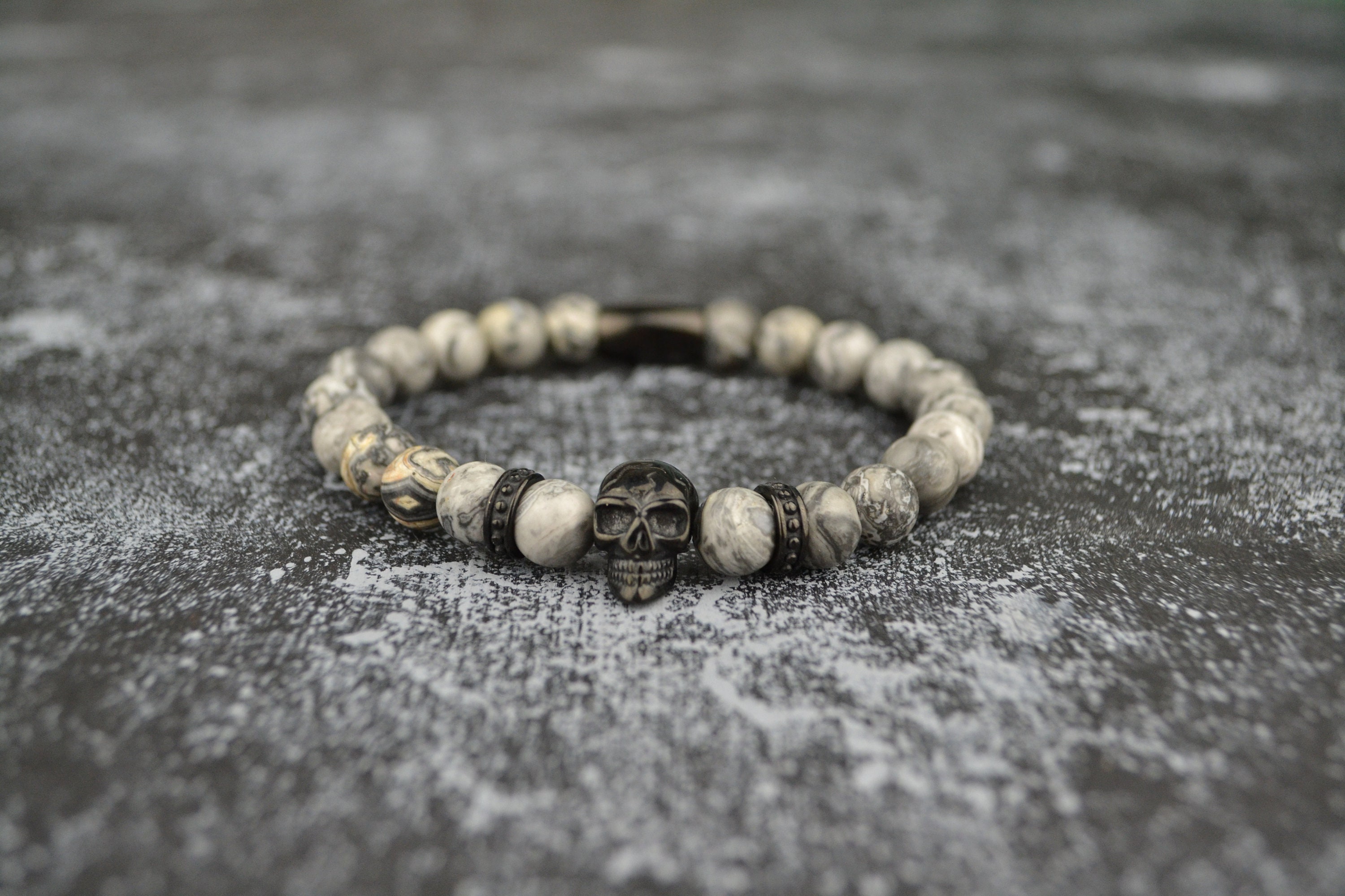 Mens Beaded Black Skull Bracelet Stack Natural Grey Jasper Etsy