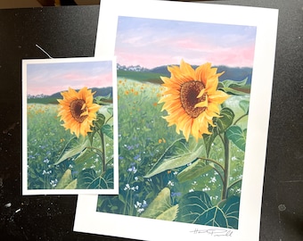 Art Print: Sunflower at Sunset gouache painting