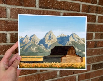 Art Print: Barn by the Teton Mountains oil painting