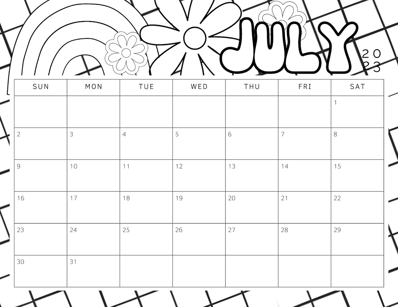 Blank July Calendar : Retro Daisy Coloring Sheet Printable - Etsy