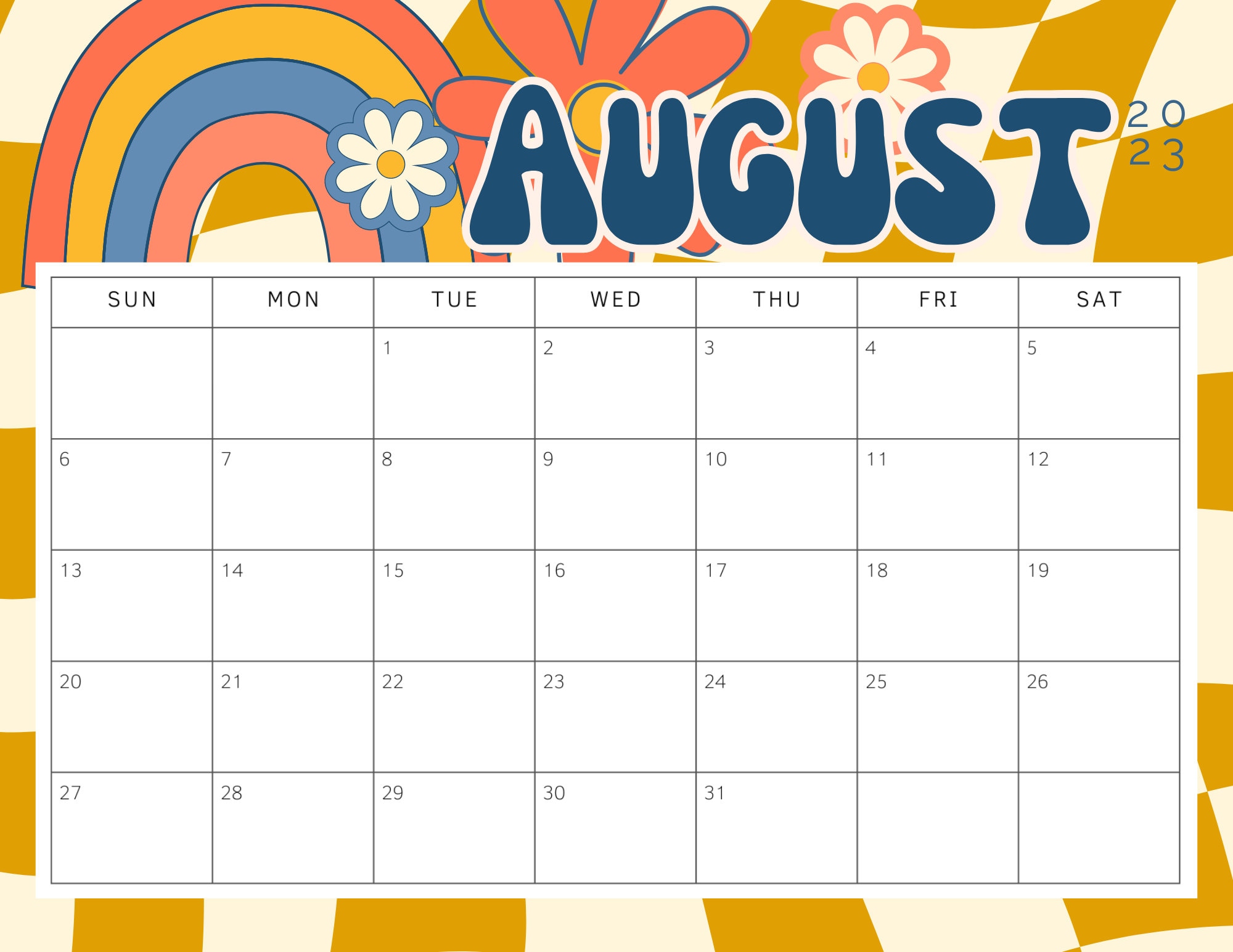 Printable August 2023 Calendar Retro Aesthetic Backtoschool 70s