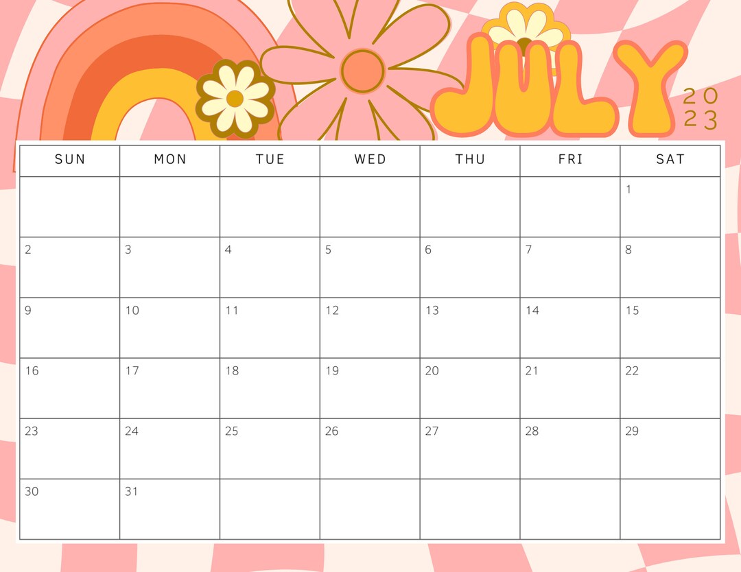 July 2023 Calendar Printable Retro Pink and Orange Aesthetic Etsy