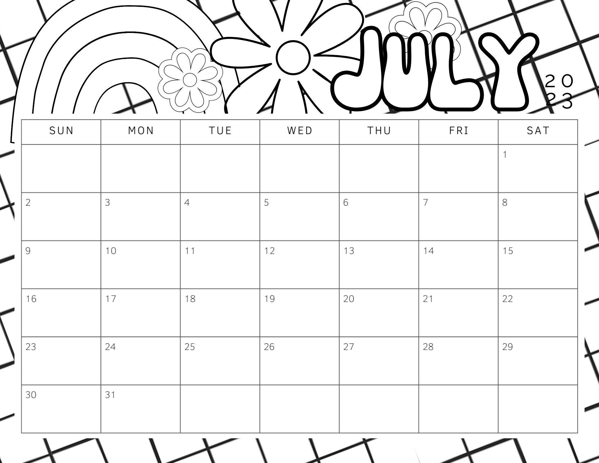 Blank july calendar retro daisy coloring sheet printable etsy