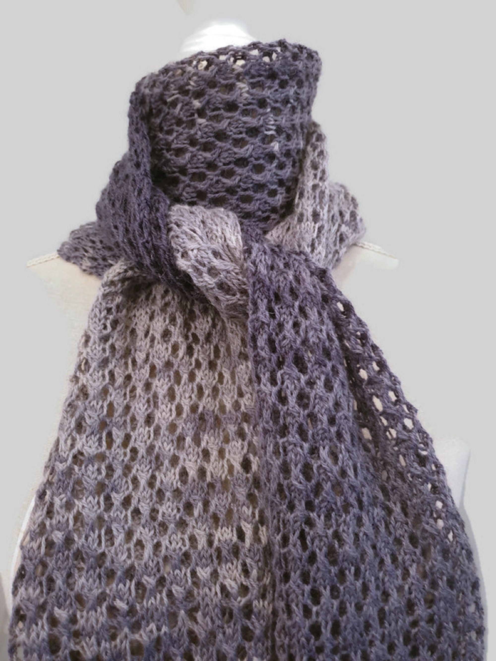 knitted hole pattern scarf with fringes, gradient grey ...