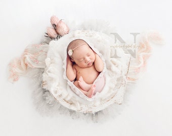 Newborn Digital Prop White Bowl Floral Boho Fur Backdrop