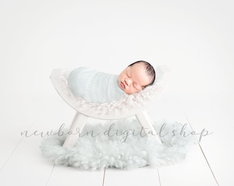 Newborn Digital Prop White CURVED BENCH, Boy or Girl, Simple, Grey Fur