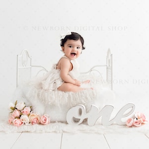1st Birthday BOHO Digital Backdrop Bed with Florals for Baby Girls