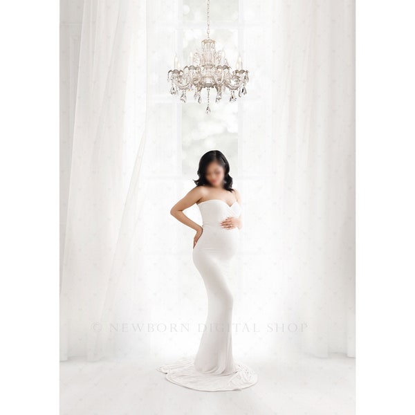 Backlit Window CHANDELIER Digital Backdrop V2, White Curtains, Maternity Photography