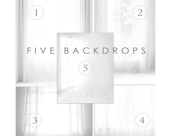 Conjunto de 5 retroiluminados ventana digital telones BUNDLE cortinas blancas, fotografía de maternidad