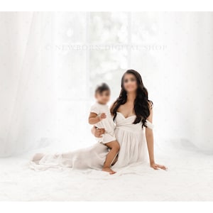 Backlit Window Digital Backdrop for Floor Sitting Horizontal, White Curtains, Maternity Photography