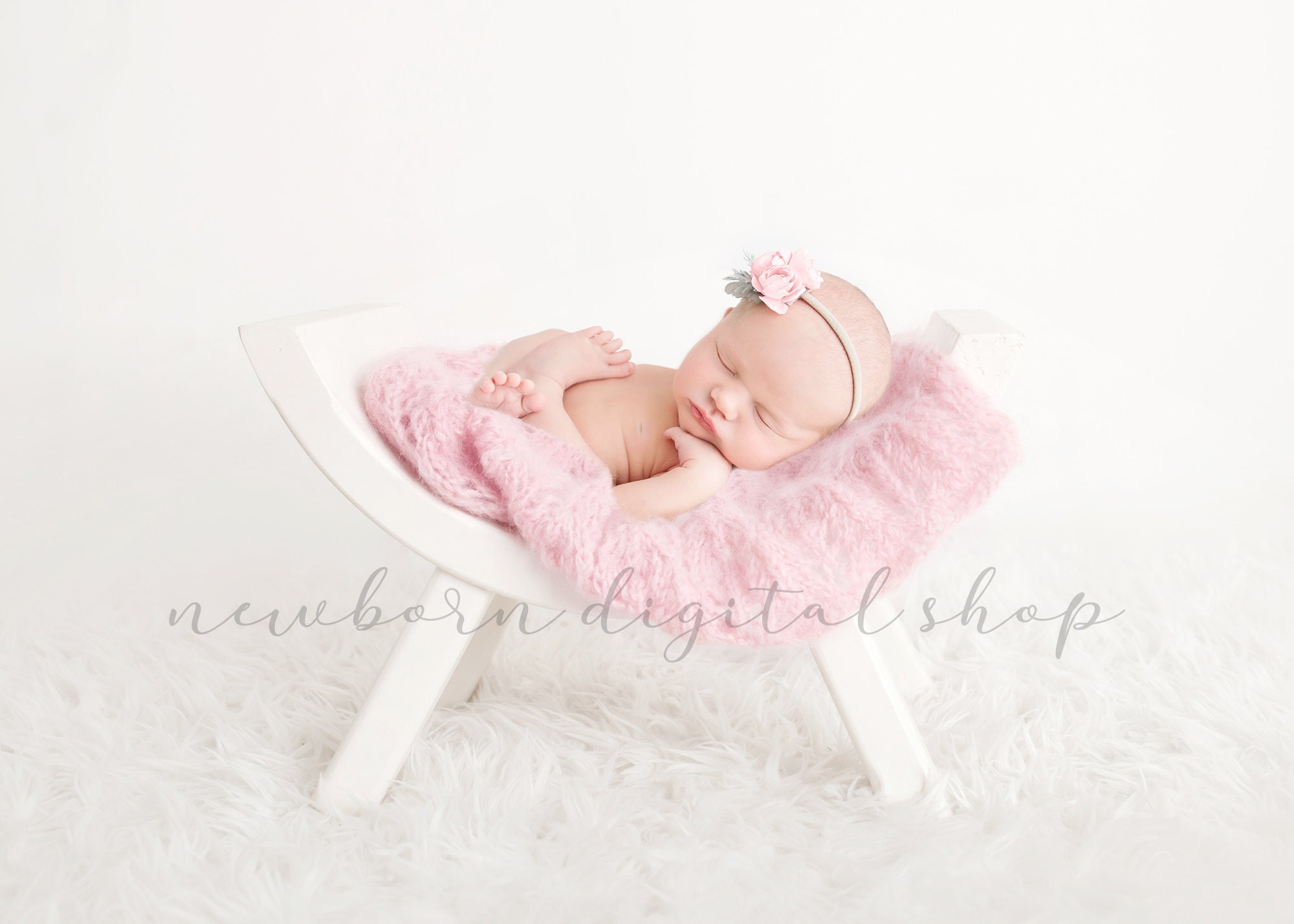 Newborn Digital Prop Pink Blanket on White Curved Bench for GIRLS
