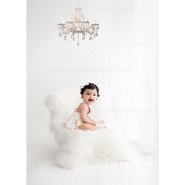 Fur Chair Digital Backdrop with Chandelier for Baby Photography Prop