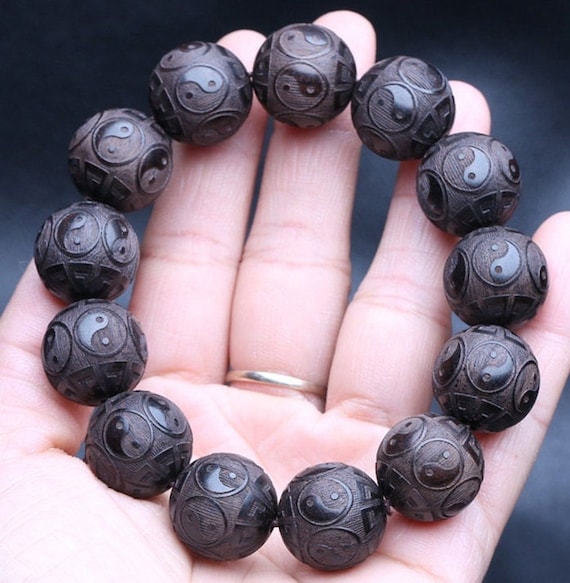Large Stretchy Tibetan 17 12mm black Sandalwood Delicately Tai Chi Buddha Prayer Beads Wrist Mala Bracelet