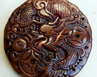 Large Thick Blood Jade Amulet Pendant - Carved Dragon Protect Money Fortune Word