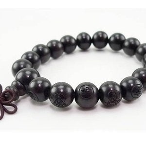 Stretchy Tibetan 16 12mm Black Sandalwood Delicately  Carved Buddha Prayer Beads  Mala Bracelet -6.25&quot;
