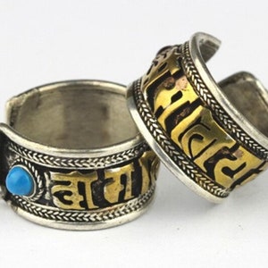 Wide Solid Adjustable Tibetan 2 Turquoise Gemstone Inlay Delicately Carved Golden Om Mani Amulet Ring, Thumb Ring