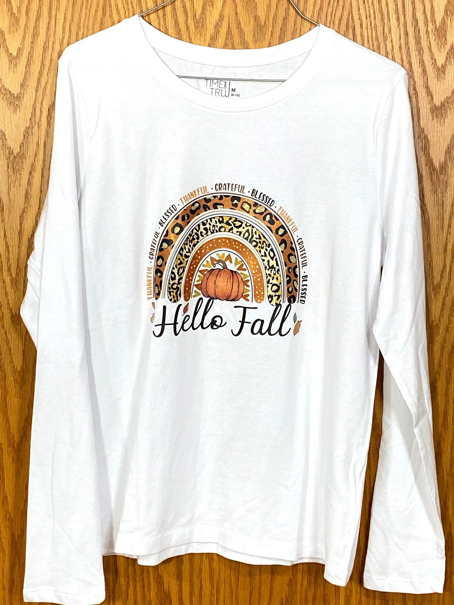 Hello Fall Long Sleeve Shirt, Rainbow Pattern Cotton Top