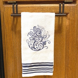 Embroidered Snowman Kitchen Towel, Navy Blue Winter Decor