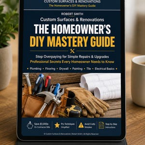 May include: A digital tablet displaying the book cover for Custom Surfaces & Renovations: The Homeowner's DIY Mastery Guide by Robert Smith. The cover features a tool belt with a hammer, screwdrivers, and a tape measure, alongside rolled blueprints.