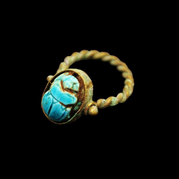 Unique Antique Copper Ring with Glazed Stone/Faience Scarab Beetle Amulet of Ancient Egyptian...SMALL