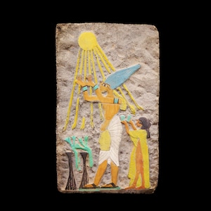 Large Antique Wall Plaque Ancient Egyptian Akhenaten Offering to Aten the Sun Fragment Relief...UNIQUE