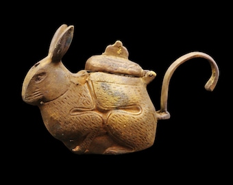 RARA lampada a olio antica egizia romana in bronzo massiccio, unica nel suo genere...UNICA forma di coniglio