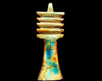 Zeldzaam groot antiek amulet van steen-faience beeldje Djed-pilaar "Symbool van kracht en veerkracht", oud-Egyptisch