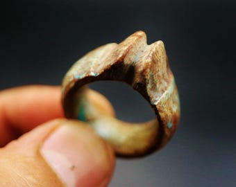 RZADKI, autentyczny, unikatowy antyczny pierścień z amuletem z kamienia/fajansu, starożytny egipski „symbol autorytetu”