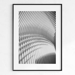May include: Black and white framed print featuring an abstract architectural design. The artwork showcases a series of curved, parallel lines creating a rhythmic pattern. The image is a study in light and shadow, with a modern aesthetic.