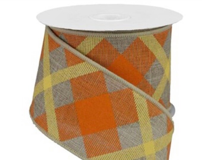 2.5" x 10yd Printed Plaid On Royal Beige/Orange/Mustard, Fall Ribbon, Autumn Ribbon, Thanksgiving Ribbon, Thanksgiving wreath Supply, bow