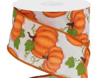2.5" x 10yd Pumpkin Patch Off White/Orange/Moss, pumpkin ribbon, fall ribbon, thanksgiving ribbon, Halloween ribbon, wired ribbon, ribbon