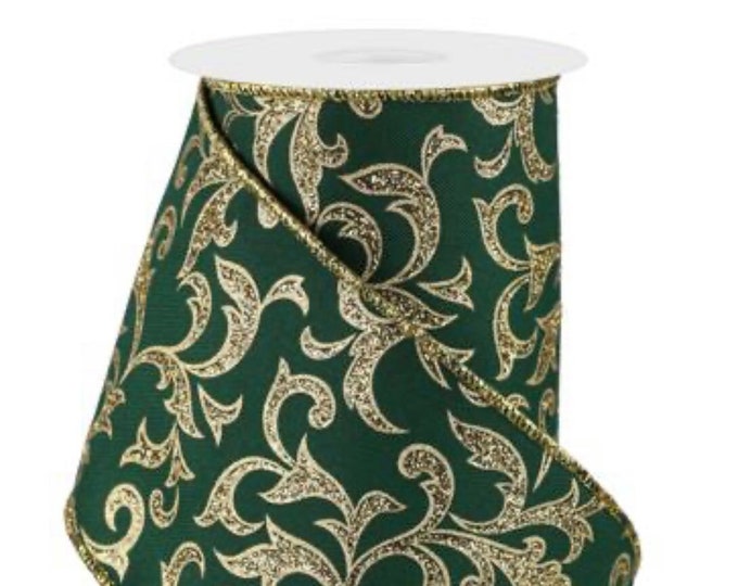4" x 10yd Acanthus Leaf Ribbon, Emerald Green and Gold Ribbon, Elegant Ribbon, Christmas Ribbon, Fall Ribbon, Wired Ribbon,Green Gold Ribbon