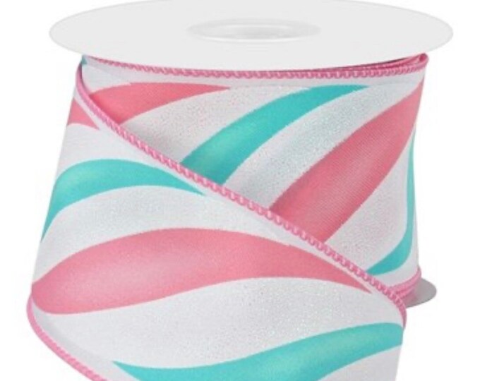 2.5in Swirl Candy Stripe Ribbon, Candy Stripe ribbon,ice blue mint glitter candy ribbon, Christmas ribbon candy swirl ribbon,candy ribbon