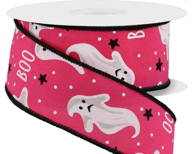 1.5" x 10yd Ghosts/Boo Hot Pink/White/Black, Halloween Ribbon, Halloween ghost ribbon, Ghost ribbon,wreath supply,Craft supply,wired ribbon