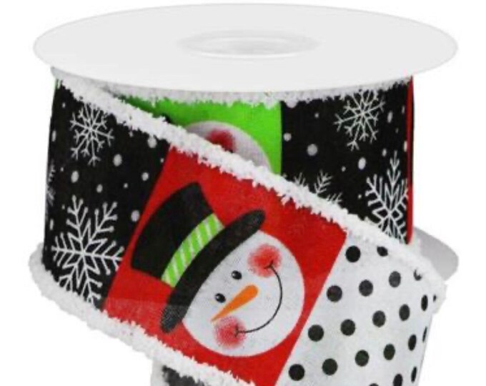 2.5" x 10yd Snowman Face Pattern/Drift Wht/Red/Blk/Org/Lime Grn, snowman ribbon, Christmas ribbon, Gift Ribbon, Wreath Ribbon,Garland Ribbon