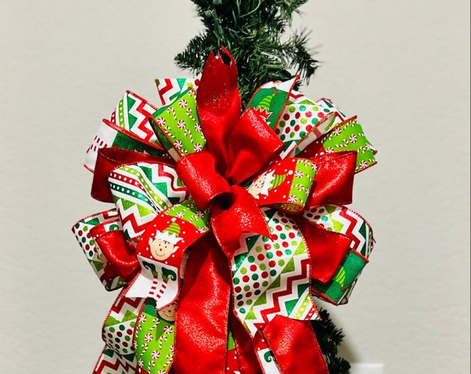 Elf Christmas Tree Topper Bow, Elf Bow, Christmas tree bow, Elf Decor bow, Christmas Bow, Decorative Bow