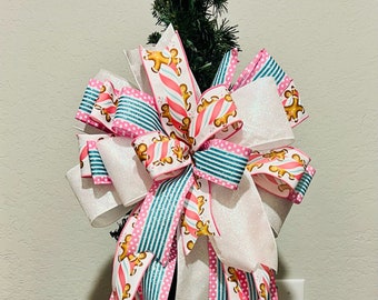 Candyland Christmas Bow, pink gingerbread Christmas bow,Pastel Gingerbread Christmas bow, Christmas Tree Topper,Candyland Christmas tree bow