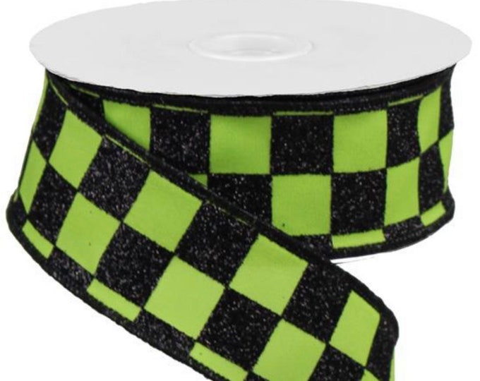 1.5" x 10yd Glitter Check, Halloween ribbon, glitter check lime green with black, green ribbon